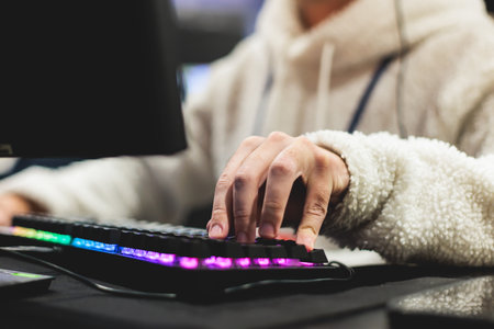 Cyber sport e-sports tournament, team of professional gamers, hands on a mouse and keyboard, players...