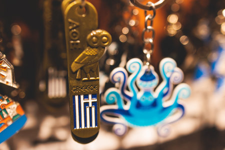 Traditional tourist souvenirs and gifts from Greece, refrigerator magnets with text "Greece", and key ring keychain, mugs and toys in a local vendor shop in Athens, Attica, Greece, greek souvenirsの写真素材