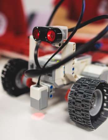 Group of diverse children kids with robotic vehicle model, close-up view on hands, science and engineering lesson in a classroom, making, coding and programming a robot in a school, robotics projectsの写真素材