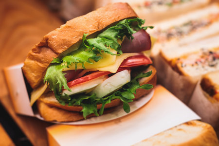 Beautifully decorated catering banquet table with different food snacks and appetizers setting with sandwiches, bagels, baguette club submarine sandwich, on wooden plate, on party or celebrationの写真素材