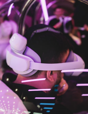 Playing VR games, girl and boy wearing VR goggles and helmet, european male and female players with...