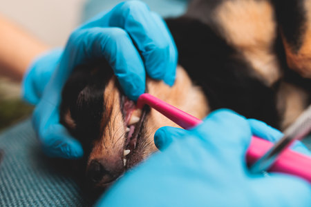 Veterinarian specialist holding small dog and cleaning whitening dog teeth at home with toothpaste dental floss, small black young dog tooth hygiene dental domestic treatment, view of handsの写真素材
