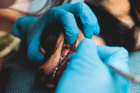 Veterinarian specialist holding small dog and cleaning whitening dog teeth at home with toothpaste dental floss, small black young dog tooth hygiene dental domestic treatment, view of handsの写真素材