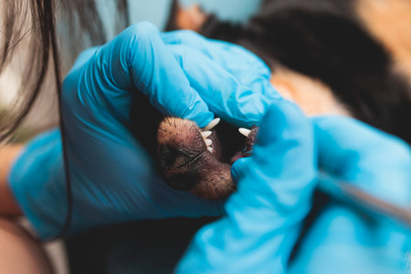 Veterinarian specialist holding small dog and cleaning whitening dog teeth at home with toothpaste dental floss, small black young dog tooth hygiene dental domestic treatment, view of handsの写真素材