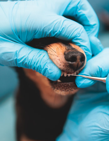 Veterinarian specialist holding small dog and cleaning whitening dog teeth at home with toothpaste dental floss, small black young dog tooth hygiene dental domestic treatment, view of handsの写真素材