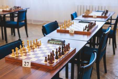 Chess tournament, kids and adults participate in chess match game outdoors in indoor hall, players of all ages play, competition in chess school club with chessboards on a tableの写真素材