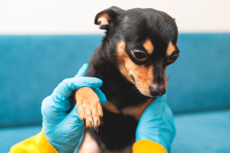 Process of cutting dog claw nails of a small breed dog with a nail clipper tool, veterinarian specialist holding small black dog, close up view of dog's paw, trimming pet dog nails manicure at homeの写真素材