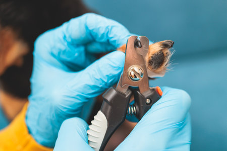Process of cutting dog claw nails of a small breed dog with a nail clipper tool, veterinarian specialist holding small black dog, close up view of dog's paw, trimming pet dog nails manicure at homeの写真素材