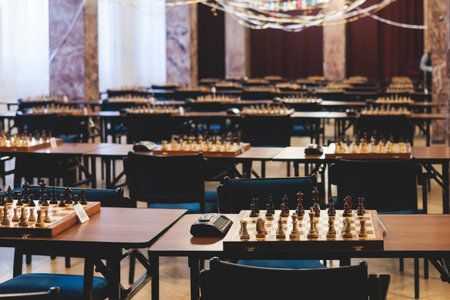 Chess tournament, kids and adults participate in chess match game outdoors in indoor hall, players of all ages play, competition in chess school club with chessboards on a tableの写真素材