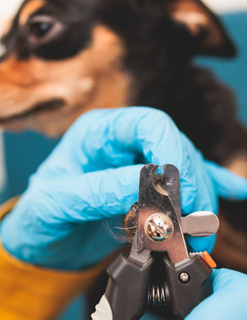 Process of cutting dog claw nails of a small breed dog with a nail clipper tool, veterinarian specialist holding small black dog, close up view of dog's paw, trimming pet dog nails manicure at homeの写真素材
