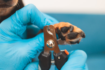 Process of cutting dog claw nails of a small breed dog with a nail clipper tool, veterinarian specialist holding small black dog, close up view of dog's paw, trimming pet dog nails manicure at homeの写真素材