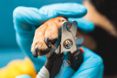Process of cutting dog claw nails of a small breed dog with a nail clipper tool, veterinarian specialist holding small black dog, close up view of dog's paw, trimming pet dog nails manicure at homeの写真素材
