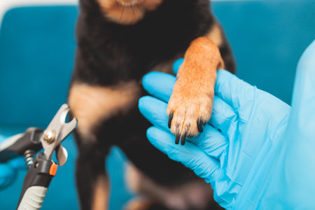 Process of cutting dog claw nails of a small breed dog with a nail clipper tool, veterinarian specialist holding small black dog, close up view of dog's paw, trimming pet dog nails manicure at homeの写真素材