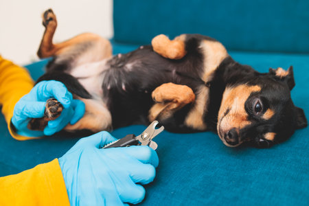 Process of cutting dog claw nails of a small breed dog with a nail clipper tool, veterinarian specialist holding small black dog, close up view of dog's paw, trimming pet dog nails manicure at homeの写真素材