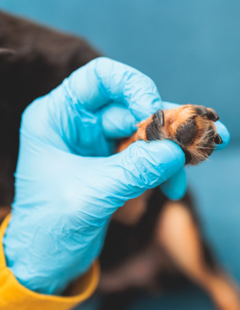 Process of cutting dog claw nails of a small breed dog with a nail clipper tool, veterinarian specialist holding small black dog, close up view of dog's paw, trimming pet dog nails manicure at homeの写真素材