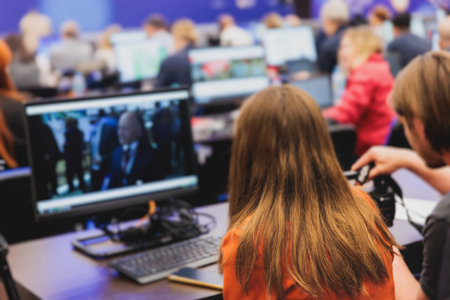 Journalists and correspondents working in media press center, live broadcasting, tv studio channel...