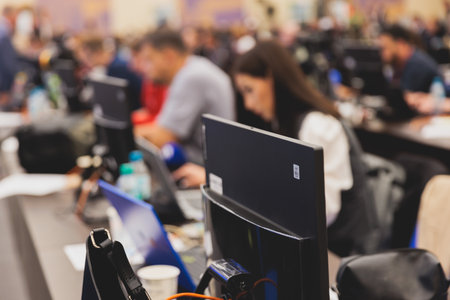 Journalists and correspondents working in media press center, live broadcasting, tv studio channel...