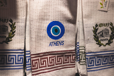 Traditional tourist souvenirs and gifts from Athens, refrigerator magnets with text "Athens", and key ring keychain, mugs and toys in a local vendor shop in Plaka district, Attica, Greece, greek souvenirsの写真素材