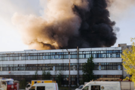 Massive large blaze fire in the city with large column plume of smoke, blazing warehouse factory, storage building is burning, putting out the fire, extinguish the fire, arson, burning house damageの写真素材