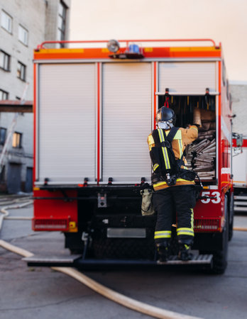 Group of fire men in uniform during fire fighting operation in the city streets, firefighters with...