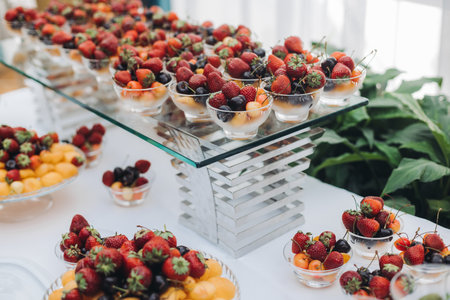 Beautifully decorated banquet catering table, assortment variety of berries with cherry, strawberry, raspberry and apricot, on luxury birthday party event or wedding reception celebrationの写真素材
