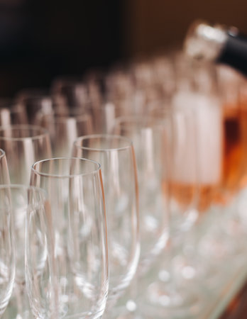 Alcohol setting on catering banquet table, bartender pouring liquor beverages, row line of different colored alcohol drinks on party, glass of wine, sparkling wine on decorated banquet table eventの写真素材
