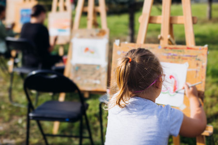 Kids drawing at plein air, group class of talented children with painting easel and wooden canvas during lesson of watercolor painting outdoors, drawing class for young teen artists in art schoolの写真素材