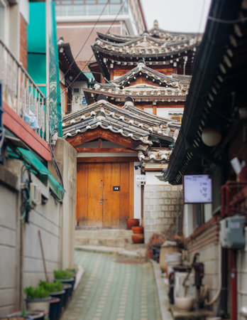 Bukchon Hanok Village, Jongno District, Seoul, South Korea, streets with traditional Korean houses, travel to South Korea concept, in a spring sunny dayの写真素材