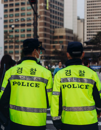Korean police squad formation in protective uniform with "Police" logo, policemen patrol maintain public during political demonstration protest rally in the streets of Seoul city center, South Koreaの写真素材
