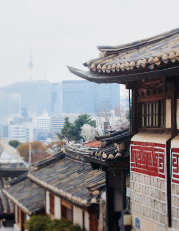 Bukchon Hanok Village, Jongno District, Seoul, South Korea, streets with traditional Korean houses, travel to South Korea concept, in a spring sunny dayの写真素材