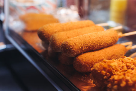 Korean Street Food - French Fry Corn Dogs, Tokkebi Gamja Hot Dog, variety of different traditional food selection in Seoul, South Korea, night street market with local vendor stalls cooking tasty disの写真素材