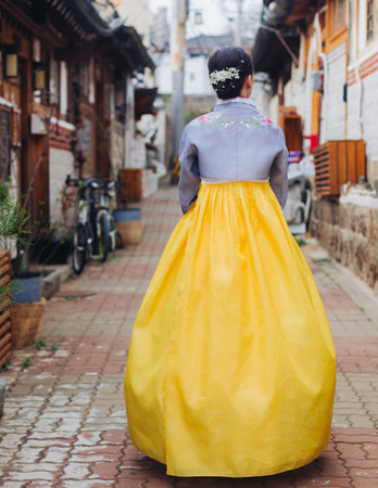 Bukchon Hanok Village, Jongno District, Seoul, South Korea, streets with traditional Korean houses, travel to South Korea concept, in a spring sunny dayの写真素材