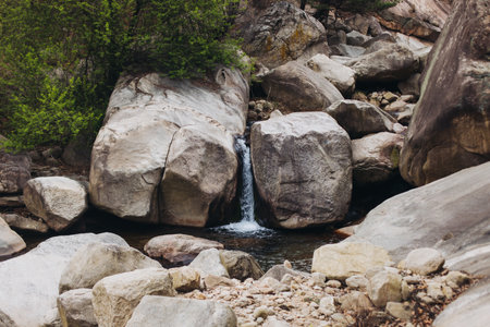 Bukhansan National Park, Seoul, Gyeonggi-do, South Korea, spring landscape view during hike to Baegundae summit peak, process of trekking and climbing to Bukhan mountain, travel and hiking in Koreaの写真素材