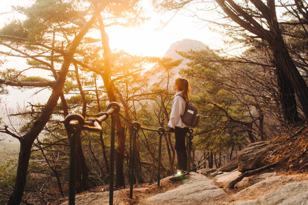 Bukhansan National Park, Seoul, Gyeonggi-do, South Korea, spring landscape view during hike to Baegundae summit peak, process of trekking and climbing to Bukhan mountain, travel and hiking in Koreaの写真素材