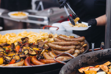 Food festival with food stall kiosk, open-air outdoor fair market, assortment of different...