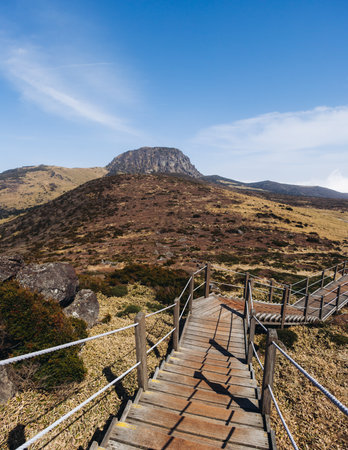 Hallasan National Park, Jeju island, South Korea, spring landscape view of Yeongsil trail, Halla volcano peak, trekking and climbing to Halla mountain, travel and hiking in Korea, Jeju-do, sunny dayの写真素材
