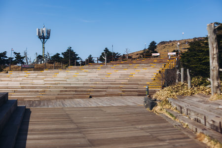 Hallasan National Park, Jeju island, South Korea, spring view of Yeongsil trail with a wooden ladder...