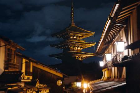 View of Gion district street, Kyoto, Higashiyama-ku, Japan, night illumination of Ninnenzaka and...
