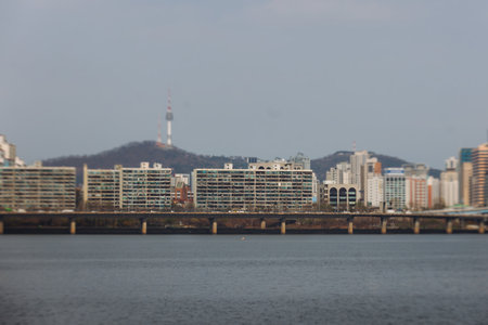 Seoul panoramic view during Hangang river boat cruise, South Korea, with Yeouido Hangang Park and Mapo bridge, scenery beyond the city, Yeongdeungpo District, Gyeonggi-do province, Republic of Koreaの写真素材