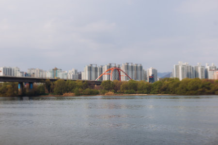 Seoul panoramic view during Hangang river boat cruise, South Korea, with Yeouido Hangang Park and Mapo bridge, scenery beyond the city, Yeongdeungpo District, Gyeonggi-do province, Republic of Koreaの写真素材