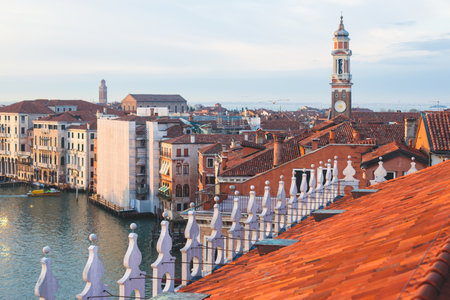 Venice panorama, Veneto, Italy, beautiful aerial panoramic view of Venetian Grand Channel Canal with gondolas, rooftops, skyline and scenery beyond the city, in a summer sunny day, travel to Veneziaの写真素材