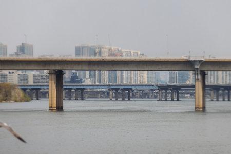 Seoul panoramic view during Hangang river boat cruise, South Korea, with Yeouido Hangang Park and Mapo bridge, scenery beyond the city, Yeongdeungpo District, Gyeonggi-do province, Republic of Koreaの写真素材