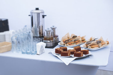 Set of coffee break in the hotel during conference meeting, with tea and coffee, decorated banquet...