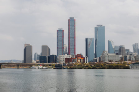 Seoul panoramic view during Hangang river boat cruise, South Korea, with Yeouido Hangang Park and Mapo bridge, scenery beyond the city, Yeongdeungpo District, Gyeonggi-do province, Republic of Koreaの写真素材