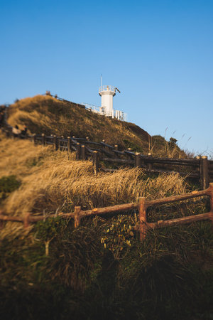 Jeju-do, Seopjikoji cape landscape with lighthouse and sea, east coast of Jeju Island, South Korea, Seongsan-ri, Seogwipo, Jeju Province view in a sunny day, with sea and cliffsの写真素材