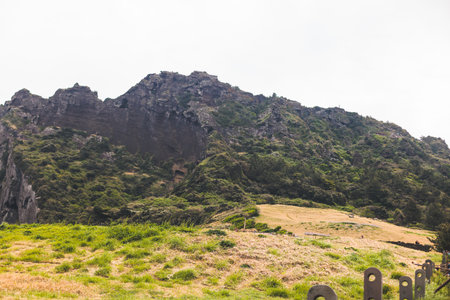 Jeju-do, Seongsan Ilchulbong landscape, volcanic tuff cone, Sunrise peak, Jeju Island, South Korea, Seongsan-ri, Seogwipo, Jeju Province landscape view in a sunny day, with sea, cliffs hiking trailの写真素材