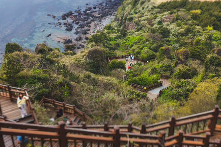 Jeju-do, Seongsan Ilchulbong landscape, volcanic tuff cone, Sunrise peak, Jeju Island, South Korea, Seongsan-ri, Seogwipo, Jeju Province landscape view in a sunny day, with sea, cliffs hiking trailの写真素材