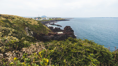 Jeju-do, Seongsan Ilchulbong landscape, volcanic tuff cone, Sunrise peak, Jeju Island, South Korea, Seongsan-ri, Seogwipo, Jeju Province landscape view in a sunny day, with sea, cliffs hiking trailの写真素材