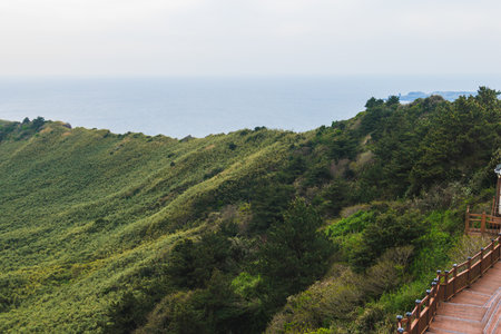 Jeju-do, Seongsan Ilchulbong landscape, volcanic tuff cone, Sunrise peak, Jeju Island, South Korea, Seongsan-ri, Seogwipo, Jeju Province landscape view in a sunny day, with sea, cliffs hiking trailの写真素材