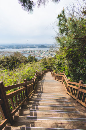 Jeju-do, Seongsan Ilchulbong landscape, volcanic tuff cone, Sunrise peak, Jeju Island, South Korea, Seongsan-ri, Seogwipo, Jeju Province landscape view in a sunny day, with sea, cliffs hiking trailの写真素材